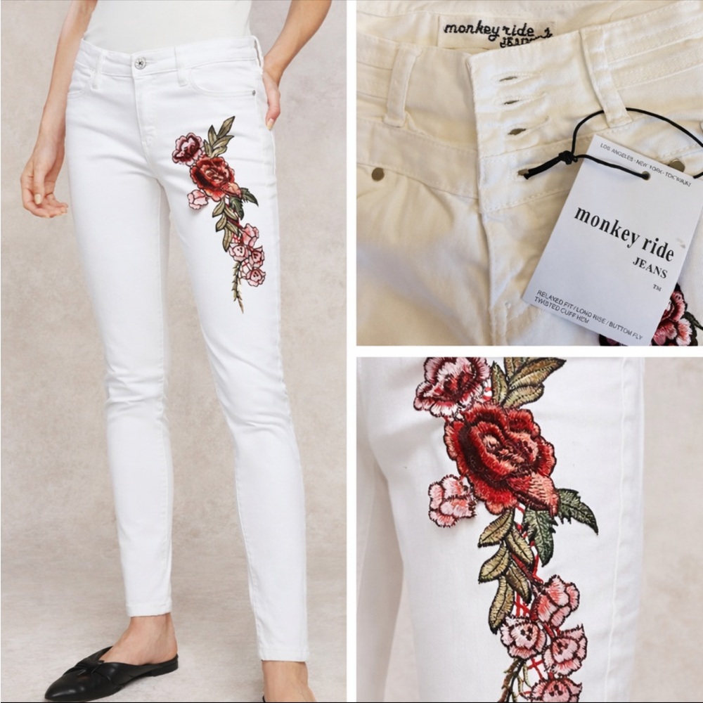 Monkey Ride Statement Floral Jeans 🌹 White Denim NWT
